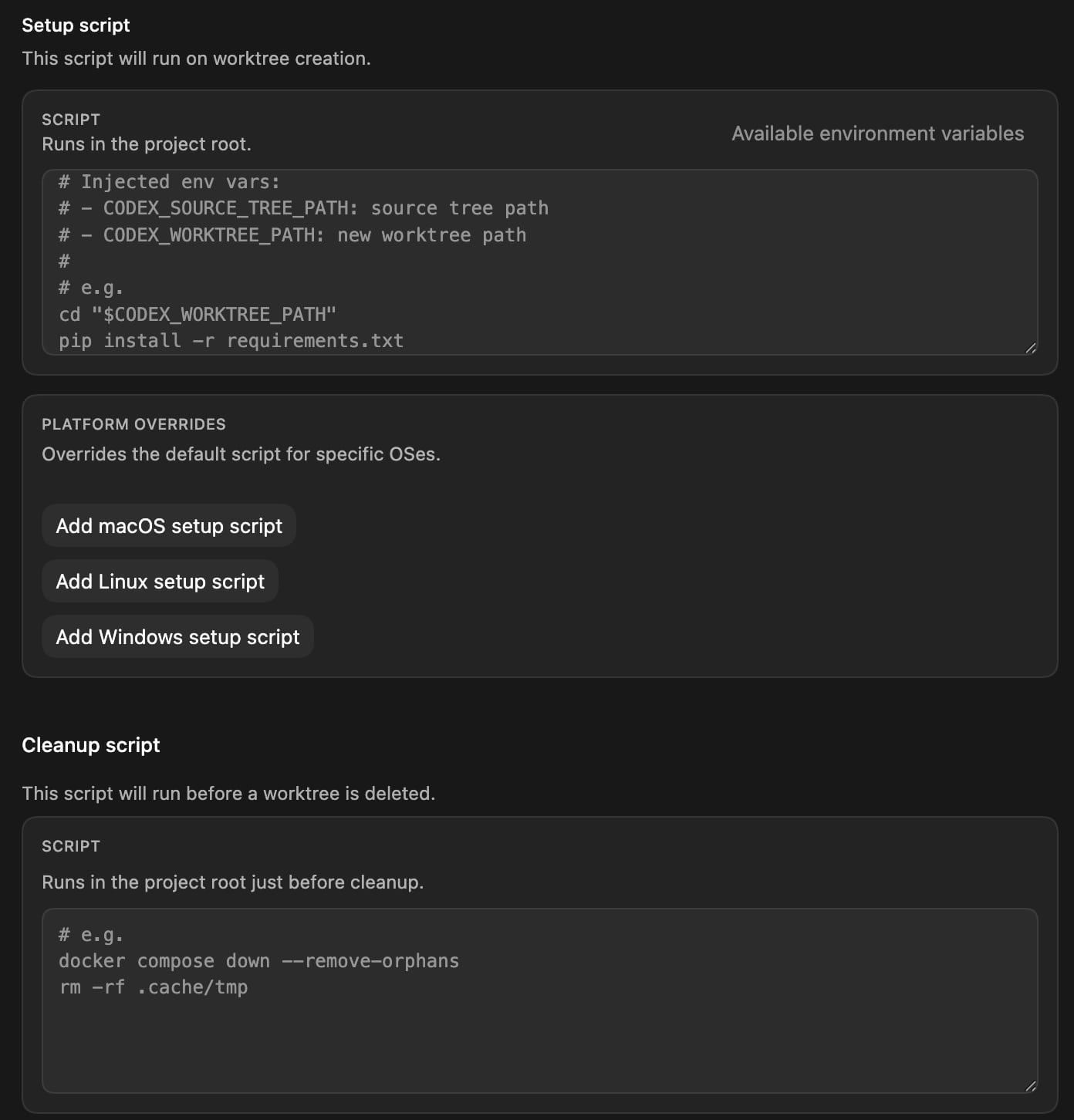 Codex local environment setup